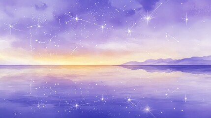 Fototapeta premium A peaceful lagoon under a warm purple night sky, with constellations mirrored on the still water surface, painted in gentle watercolor hues.