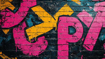 Fototapeta premium Vibrant Graffiti Art on Brick Wall Urban Street Art Pink Yellow Teal Black Texture