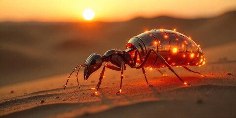 Fototapeta premium Stunning metallic ant illuminated by sunset in a desert landscape creating a surreal atmosphere and enchanting golden glow