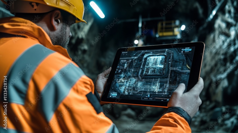 Aufkleber in a quarry, a miner in a safety helmet and reflective gear studies a digital gemstone extraction di