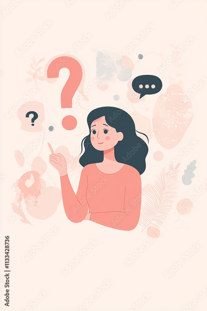 Poster Young woman pondering questions with thought bubbles and abstract shapes in a light background setting