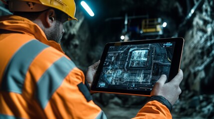 In a quarry, a miner in a safety helmet and reflective gear studies a digital gemstone extraction display, showcasing technology's role in modern mining operations.