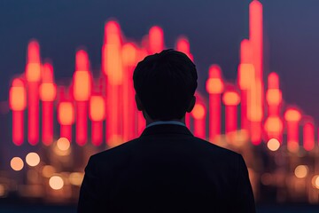 Business professional analyzing stock market trends with bold red candlestick chart, silhouetted figure, financial data visualization, ideal for finance-themed design, deep colors