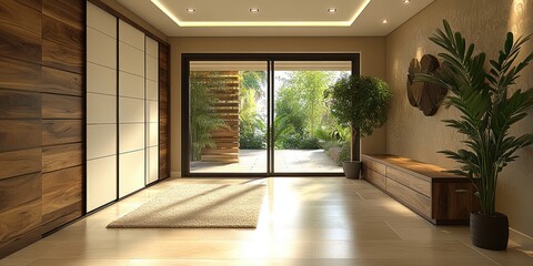 Fototapeta premium Sunlit modern entryway with sliding doors, wooden walls, and plants.