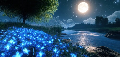A peaceful riverbank with glowing blue flowers, under a sky illuminated by a bright full moon.
