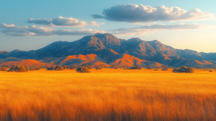 A serene landscape featuring golden grasslands and majestic mountains under a blue sky.