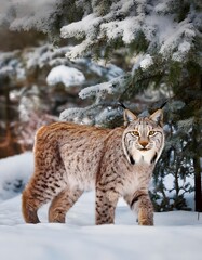 Fototapeta premium Majestic lynx walking gracefully in a snowy forest, surrounded by pine trees covered in frost