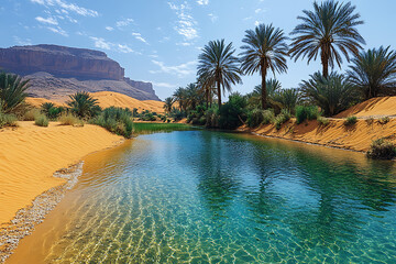 A hidden oasis in the middle of a vast desert with clear water and palm trees