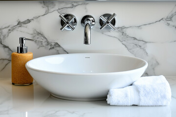 White Vessel Sink with Chrome Faucets on Marble Counter