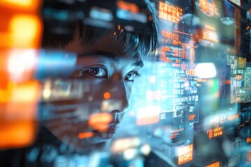 Programmer working with futuristic interface and code display in augmented reality