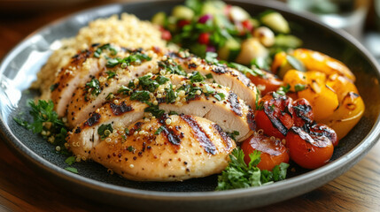 Healthy Low-Calorie Meal with Roasted Vegetables, Quinoa, and Grilled Chicken