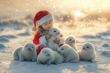 Little girl wearing christmas clothes hugging baby seal in snowfall