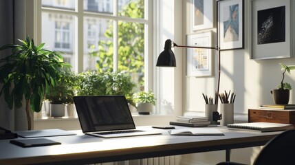 Fototapeta premium Bright and Inviting Home Office with Plants and Natural Light