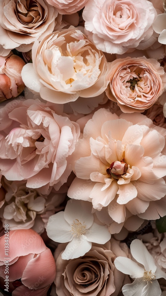 Poster in a stunning arrangement, peonies and various delicate blossoms create a harmonious blend of soft p