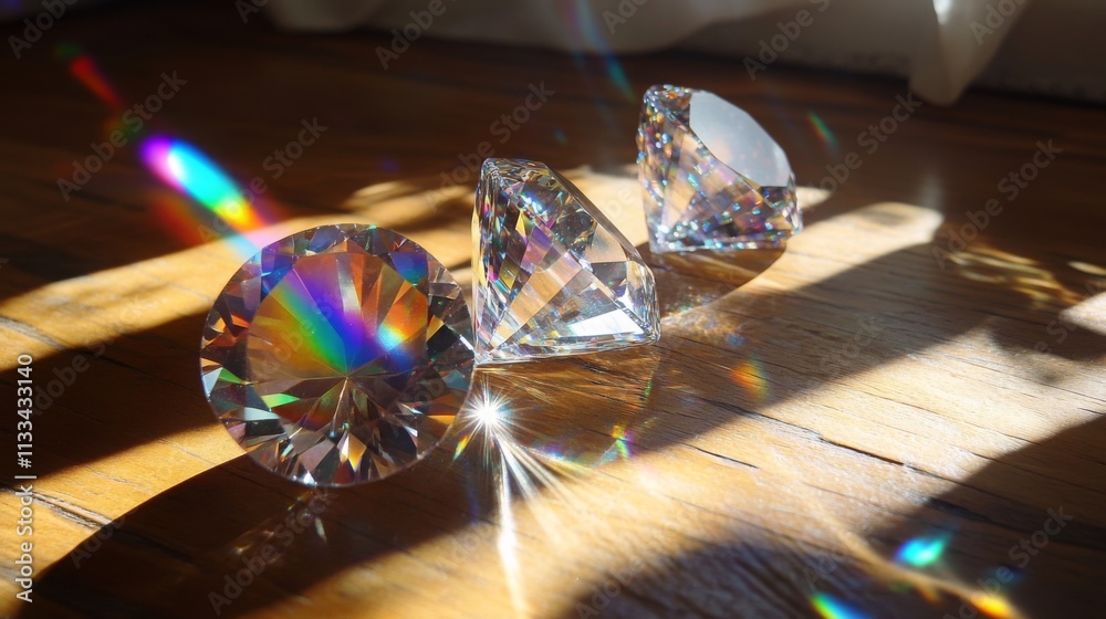 Poster Three sparkling gemstones rest on a wooden floor, illuminated by bright sunlight creating vibrant rainbows. Their sharp facets and unique shapes catch the light, enhancing the colorful display.