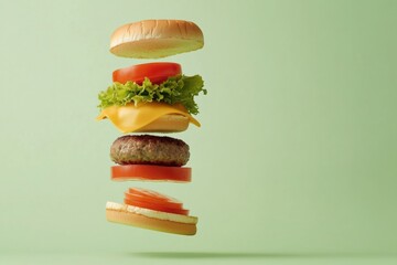 Fresh burger ingredients are suspended mid-air, featuring layers of bun, lettuce, tomato, cheese, and a juicy patty ready for assembly. Generative AI