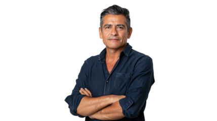 Mexican middle age male handsome doctor arms crossed on white background
