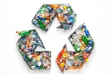 Fototapeta premium recycling symbol made from plastic bottles and containers to promote environmental sustainability and green practices, raising awareness about recycling waste materials and conserving resources