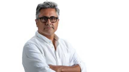 Mexican middle age male handsome doctor arms crossed on white background
