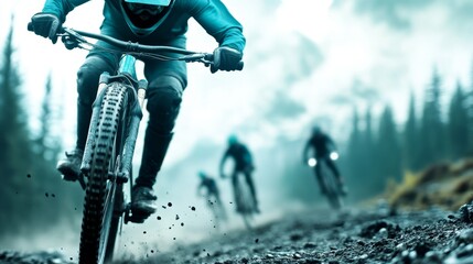 Cyclists navigate rough trails in a thrilling mountain biking scene, set against breathtaking landscapes