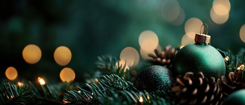 Elegant Emerald Green Christmas Ornaments on Pine Branches with Warm Lights