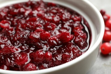 Tasty cranberry sauce in gravy boat on table, closeup