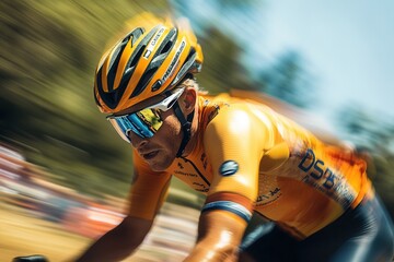 Professional cyclist wearing yellow jersey racing in high speed competition