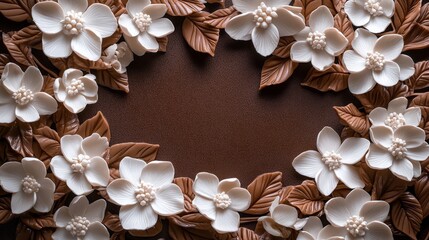 Delicate white flowers bloom on a luxurious mocha mousse background, creating a tranquil atmosphere perfect for indulging in moments of reflection and serenity