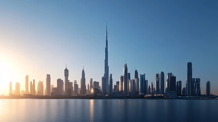 Fototapeta premium Dubai's majestic skyline at dawn: A breathtaking panorama of skyscrapers bathed in the golden sunrise, reflecting beautifully on the tranquil water.
