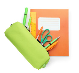 Copybook and other school stationery on white background, top view © New Africa