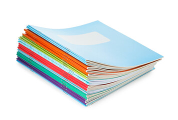 Stack of colorful copybooks isolated on white