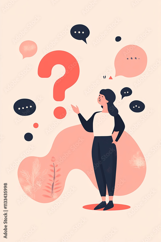 Aufkleber woman pondering with question marks and speech bubbles in a colorful abstract design
