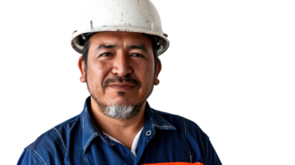 Mexican middle age male engineer with safety helmet on white background