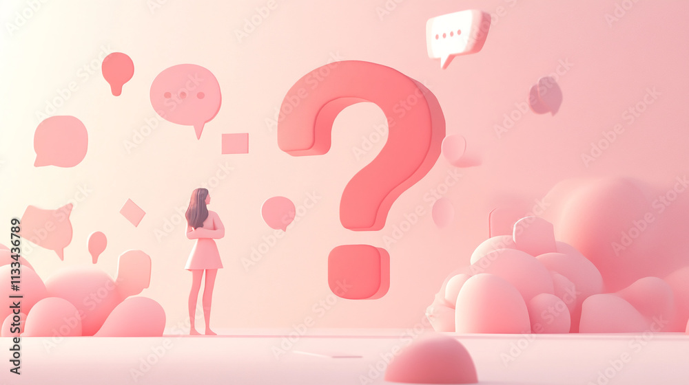 Poster Woman contemplating questions with speech bubbles in a dreamy environment during a creative brainstorming session