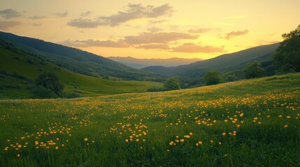 Fototapeta premium A serene green valley covered in buttercups, under a pastel evening sky illuminated by a warm sunset.