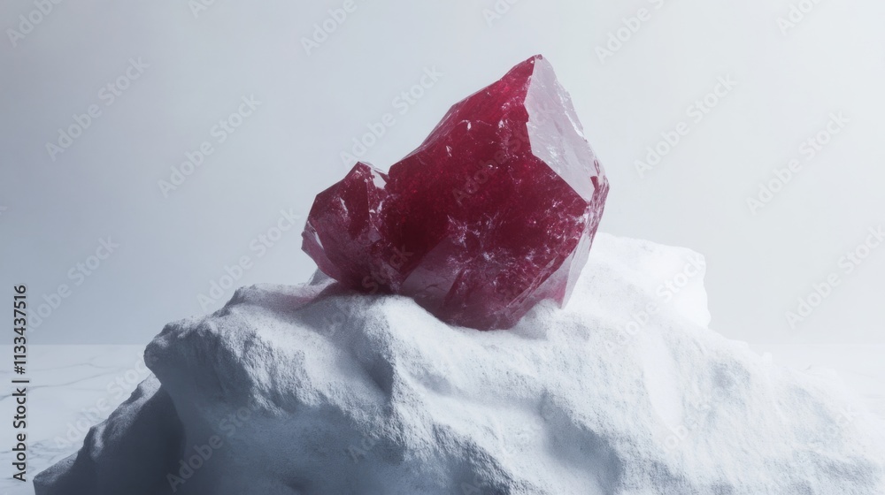 Poster a vivid red gemstone is prominently displayed on a smooth, snowy surface, highlighting its facets an