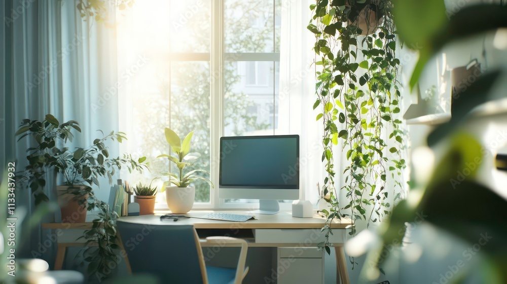 Poster Sunlit home office workspace with many plants and a computer on a desk by a window.