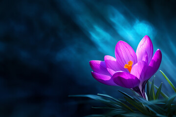 Vibrant purple flower illuminated against a dark, mystical background.
