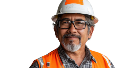 Mexican middle age male engineer with safety helmet on white background