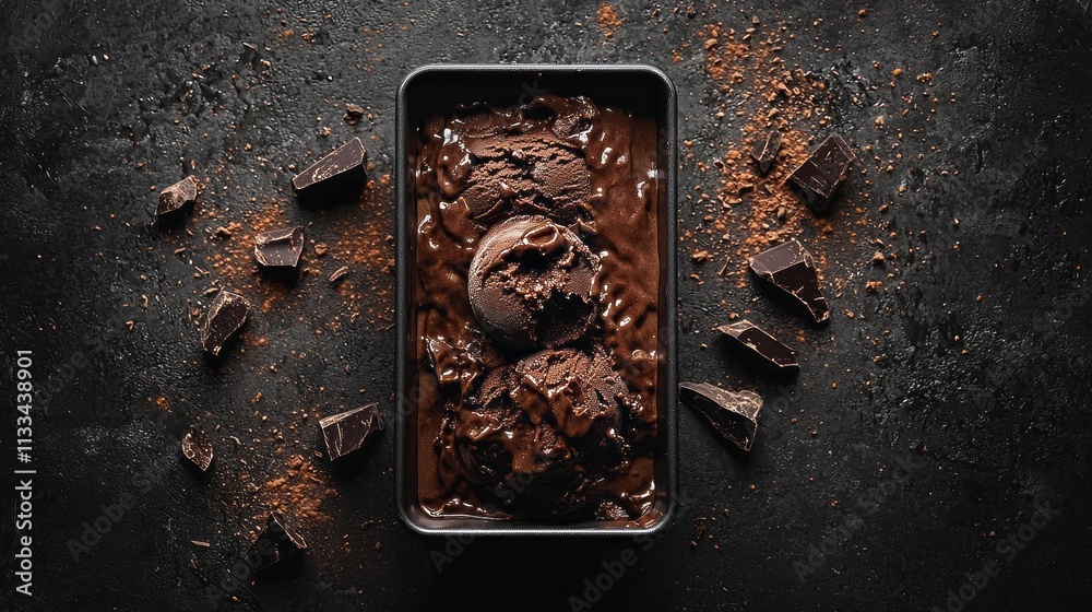 Aufkleber rich chocolate ice cream fills a rustic black pan, adorned with chunks of dark chocolate and cocoa d