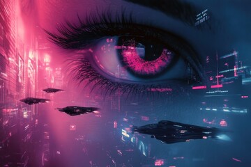 A futuristic city reflected in a woman's eye, showcasing neon lights and spaceships.