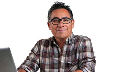 Mexican middle age male Employee IT specialist sit at work with laptop on white background


