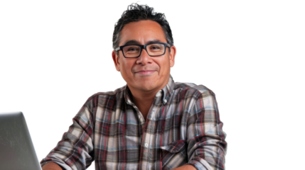 Mexican middle age male Employee IT specialist sit at work with laptop on white background


