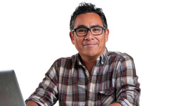 Mexican middle age male Employee IT specialist sit at work with laptop on white background


