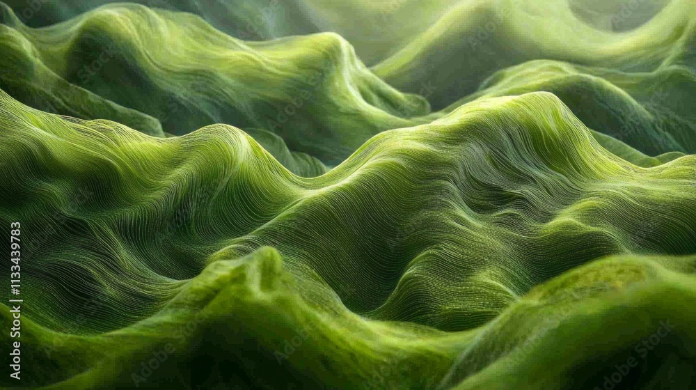 Poster nature's canvas reveals wind-illuminated green grass, creating gentle waves in a tranquil landscape.