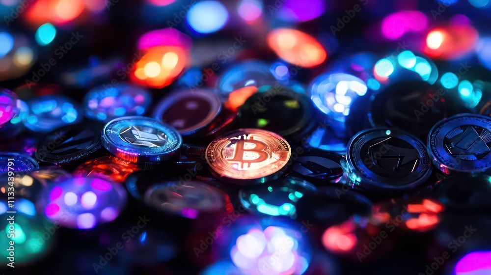 Aufkleber a pile of various cryptocurrency tokens, each one glowing softly with different colors.