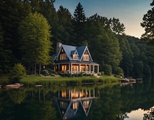 Obraz premium Charming Lakefront Cottage Surrounded by Nature and Warm Evening Glow