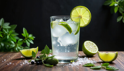 Fototapeta premium Refreshing lime cocktail with mint and ice served in a glass on a wooden table