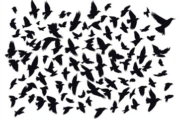 Large flock of birds flying in the sky. The birds are black and white. There are many birds in the sky
