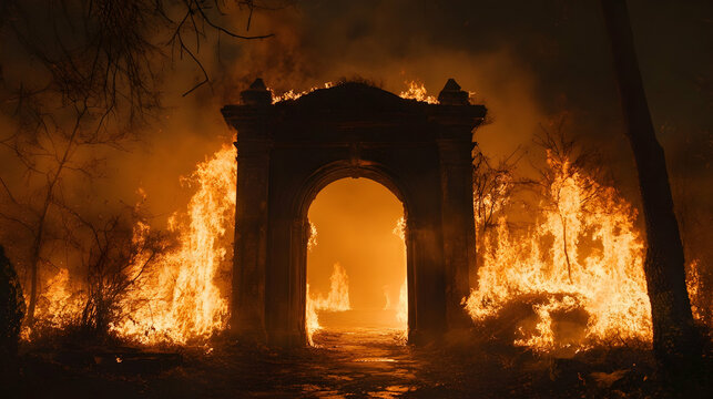 Hell's gate surrounded by flames.illusttration